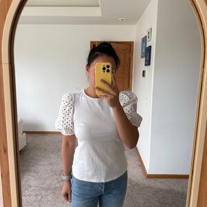 H&M Embroidered Puff Sleeve White Top Size Medium